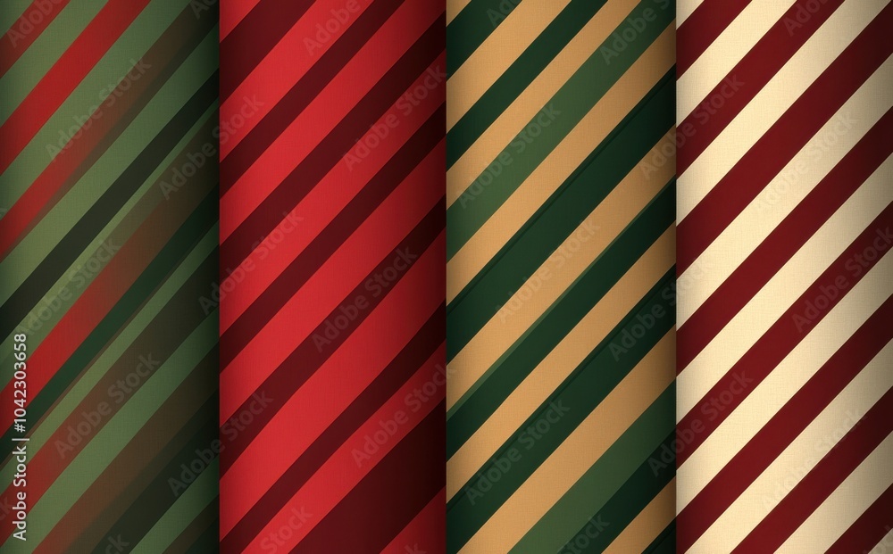 Four seamless patterns with diagonal stripes in earthy shades of red, green, and beige featuring a classic and elegant design suitable for backgrounds, gift wrapping, and Four seamless patterns with diagonal stripes in earthy shades of red, green, and beige featuring a classic and elegant design suitable for backgrounds, gift wrapping, and