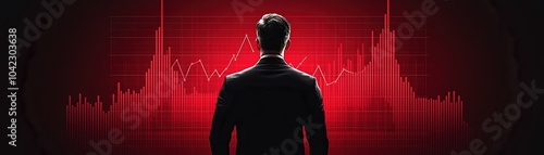 Businessman observing market trends with red background and graph, representing analysis and finance.