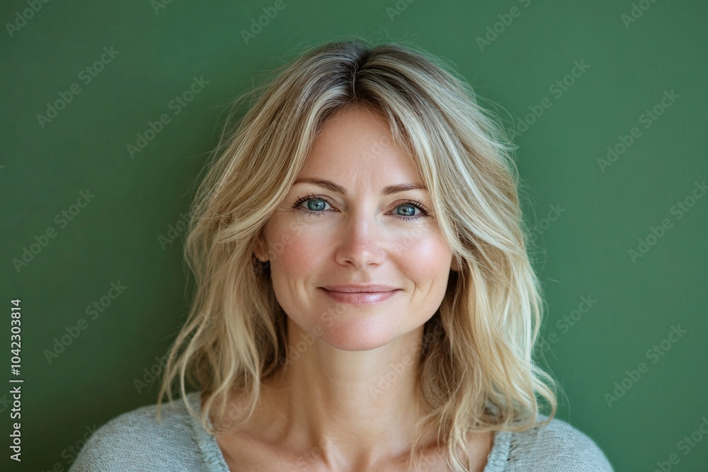 A blonde Caucasian mother with blue eyes on Mother's Day against a solid green background 2 A blonde Caucasian mother with blue eyes on Mother's Day against a solid green background 2