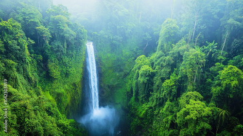 Aerial view of Comet Falls in peak flow season showcasing cascading water and vibrant forest landscape