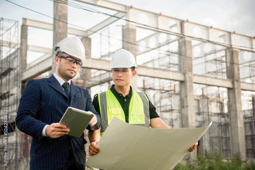 Two construction engineers are discussing about building construction plans at a construction site. Two construction engineers are discussing about building construction plans at a construction site.