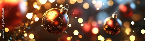 Festive Red Christmas Ornaments with Glowing Lights and Holiday Background Bokeh