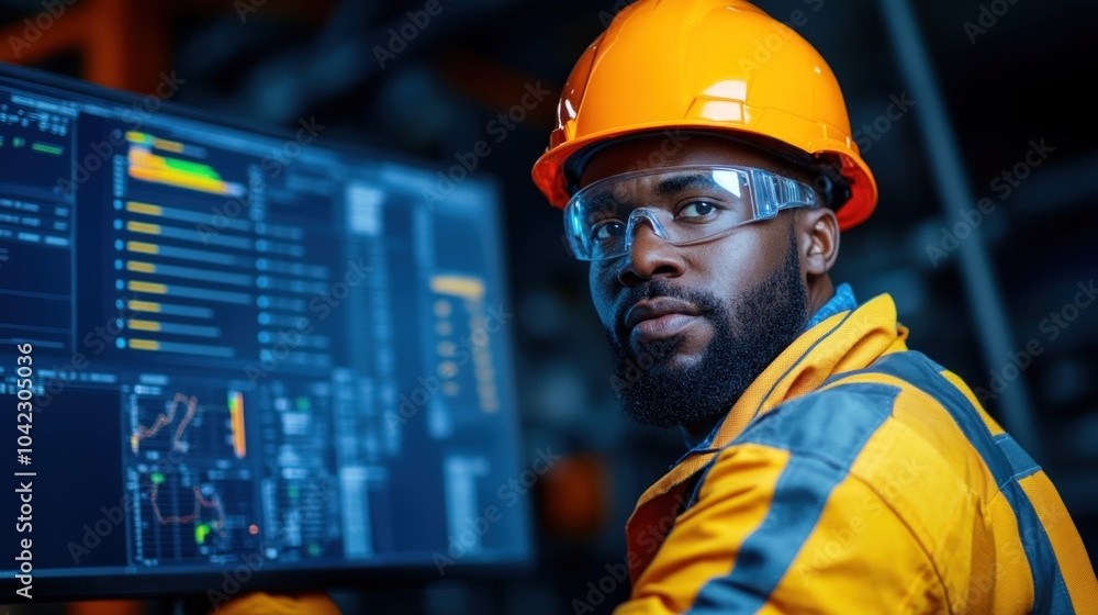 Engineer analyzing production data from a digital dashboard, representing the integration of data analytics in optimizing manufacturing processes Engineer analyzing production data from a digital dashboard, representing the integration of data analytics in optimizing manufacturing processes