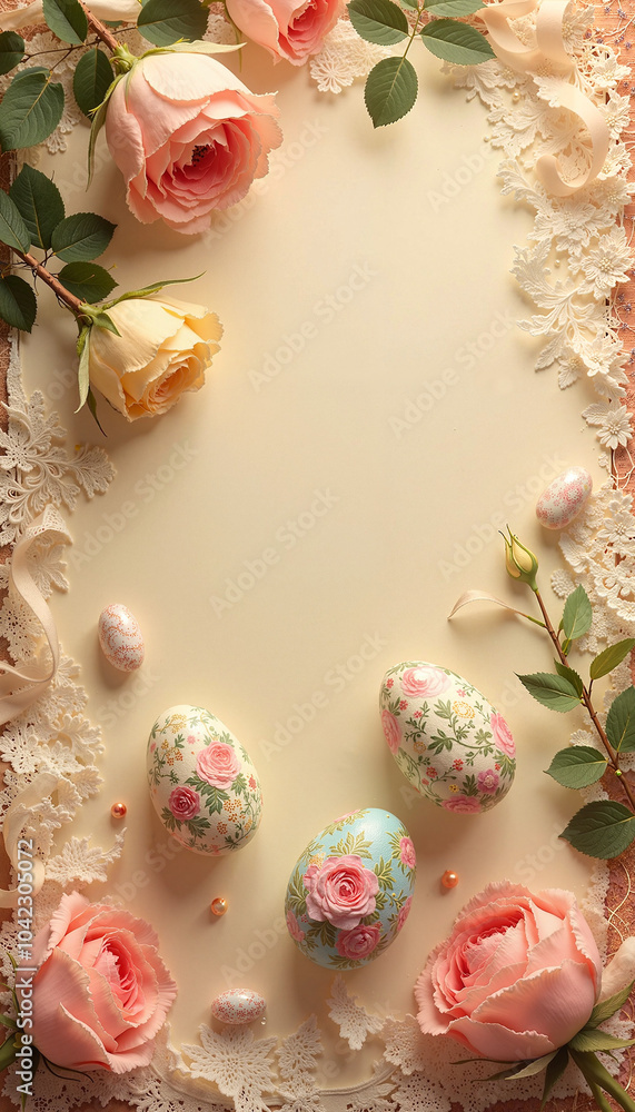 Romantic floral Easter frame with roses and eggs with copy space Romantic floral Easter frame with roses and eggs with copy space