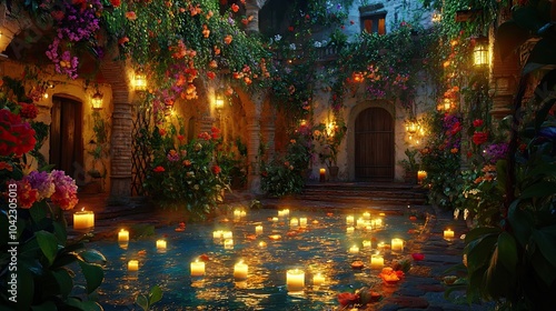 A whimsical scene of a courtyard illuminated by floating candles, surrounded by vibrant flowers and greenery