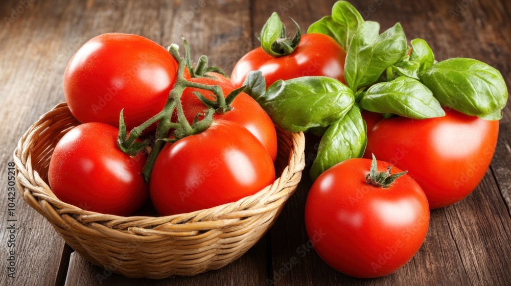 A basket filled with ripe tomatoes sits on a wooden table alongside fresh basil leaves, embodying the essence of summer harvest and culinary inspiration for delicious dishes A basket filled with ripe tomatoes sits on a wooden table alongside fresh basil leaves, embodying the essence of summer harvest and culinary inspiration for delicious dishes