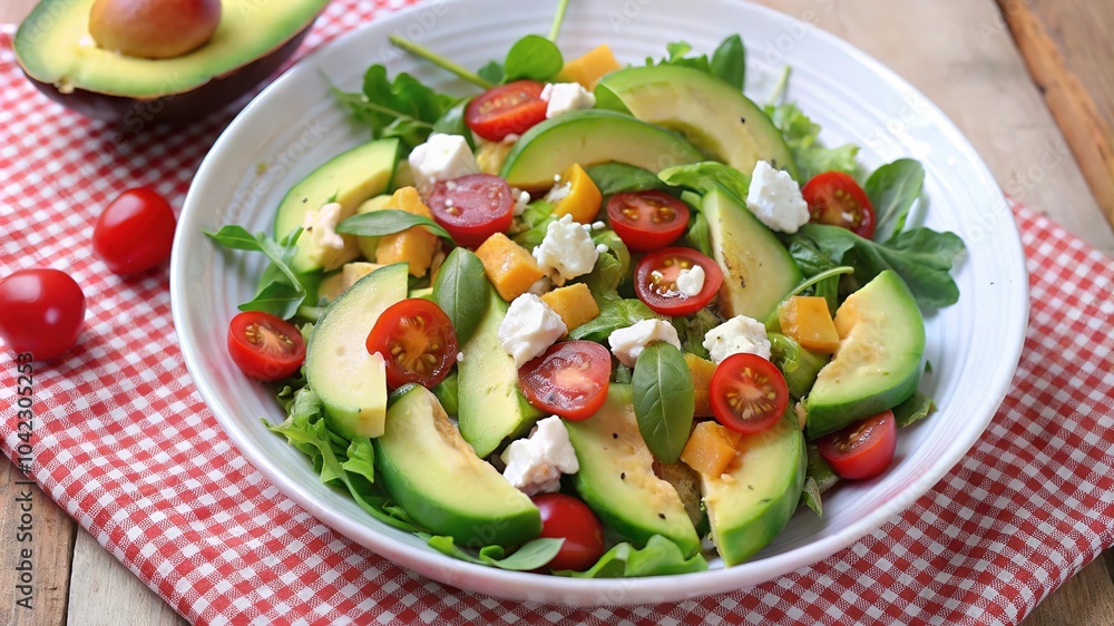Fresh avocado salad featuring cherry tomatoes, greens, and cheese served in a bright bowl on a picnic-style table Fresh avocado salad featuring cherry tomatoes, greens, and cheese served in a bright bowl on a picnic-style table
