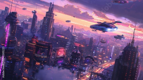 Cyberpunk skyline with a giant holographic advertisement photo