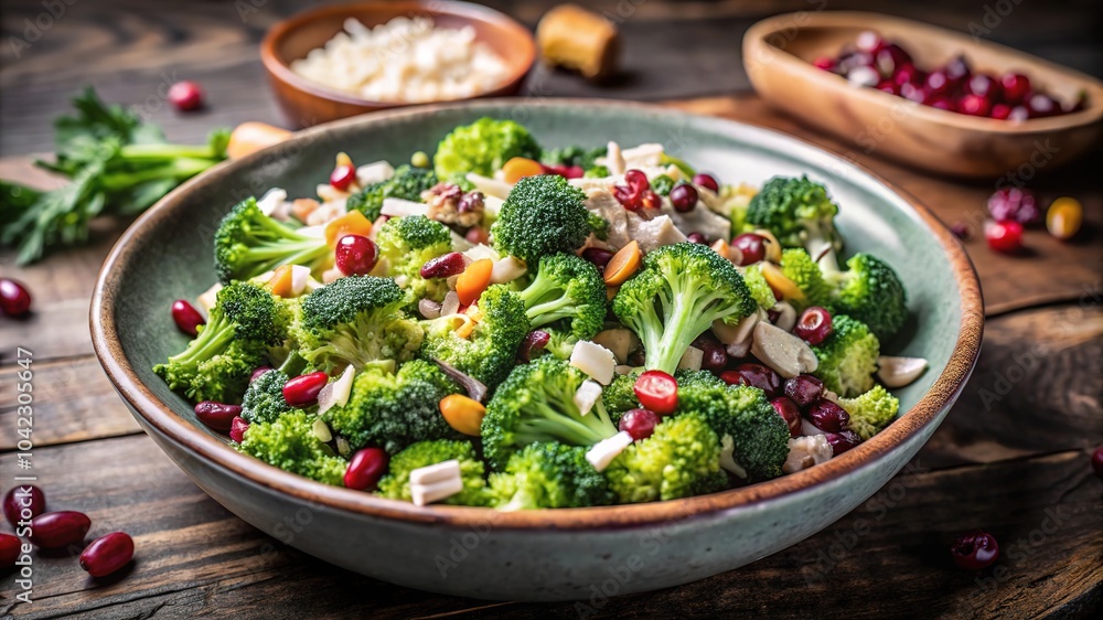 Fresh broccoli salad with cranberries, nuts, and feta cheese served in a rustic bowl on a wooden table during lunchtime Fresh broccoli salad with cranberries, nuts, and feta cheese served in a rustic bowl on a wooden table during lunchtime