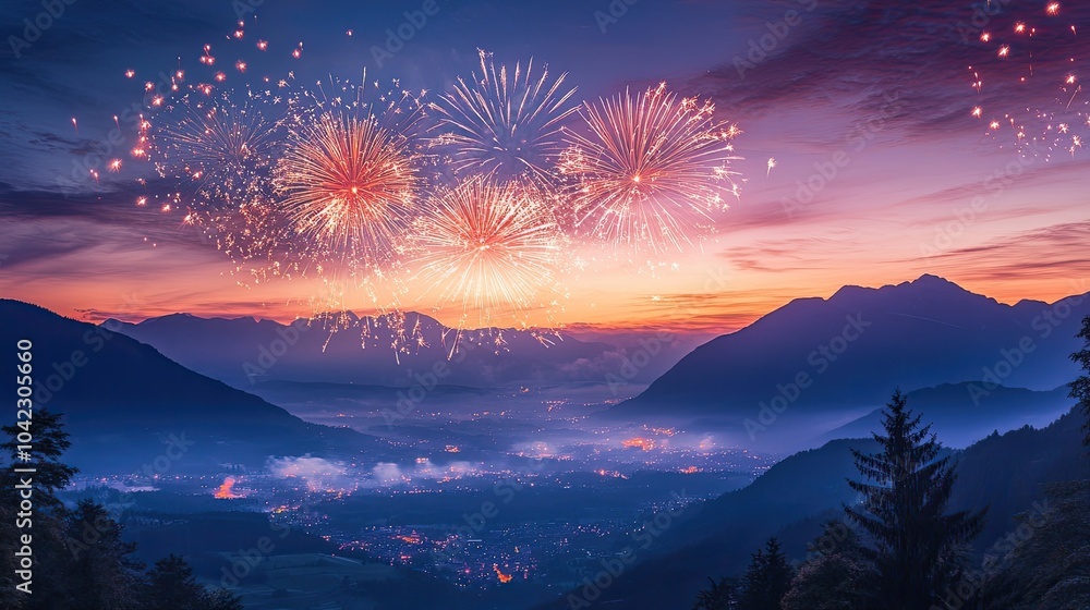 Fototapeta premium An explosion of fireworks over a serene mountain landscape, creating a stunning contrast