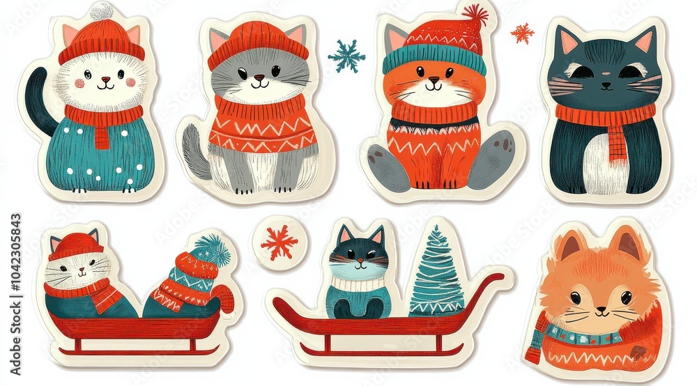 Fototapeta premium Cute Christmas themed cat stickers featuring cats in colorful winter attire with festive elements