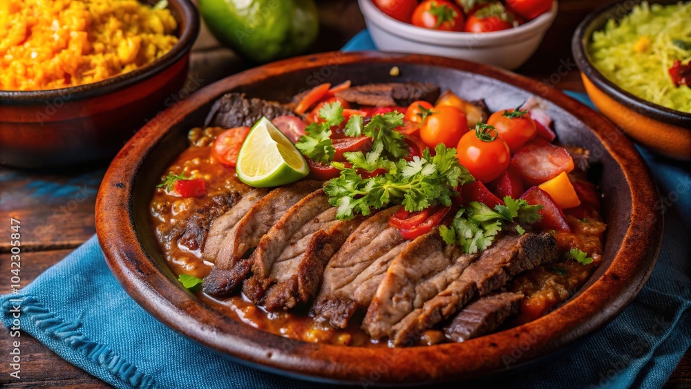 Carne asada served with fresh vegetables, lime, and sides, showcasing a vibrant meal in a cozy setting Carne asada served with fresh vegetables, lime, and sides, showcasing a vibrant meal in a cozy setting