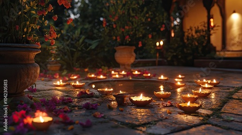 An outdoor Diwali celebration with candles and diyas lighting up a garden at dusk