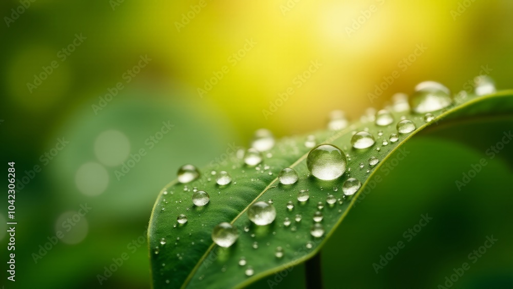 Green leaf with water droplets on its surface, close-up view symbolizing freshness and nature, suitable for eco-friendly or wellness concepts Green leaf with water droplets on its surface, close-up view symbolizing freshness and nature, suitable for eco-friendly or wellness concepts