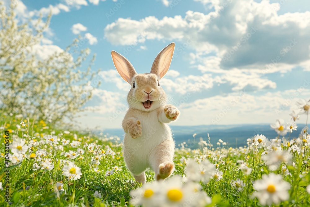 An excited Easter bunny on a hillside with blooming wildflowers and a panoramic view 1 An excited Easter bunny on a hillside with blooming wildflowers and a panoramic view 1
