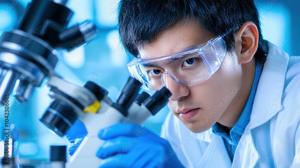 Focused scientist analyzing samples under a microscope in a modern lab. Focused scientist analyzing samples under a microscope in a modern lab.