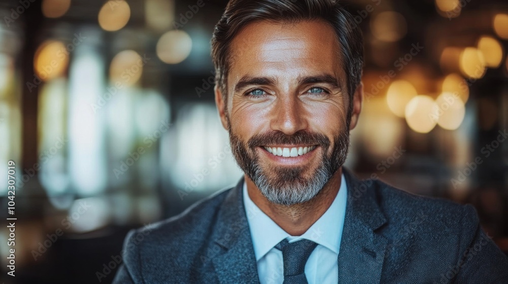 A well-dressed man with a beard smiles widely while seated in a cozy cafe. The warm lighting creates a friendly atmosphere, emphasizing his professional demeanor and approachable nature A well-dressed man with a beard smiles widely while seated in a cozy cafe. The warm lighting creates a friendly atmosphere, emphasizing his professional demeanor and approachable nature