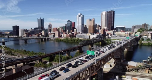 Wallpaper Mural Aerial view of Pittsburgh, Pennsylvania. Daytime with business district and traffic in background. Monongahela River and Liberty Bridge Torontodigital.ca