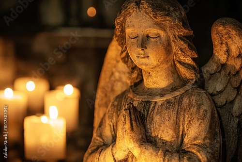 A weathered stone statue of an angel amidst flickering candlelight 3 photo