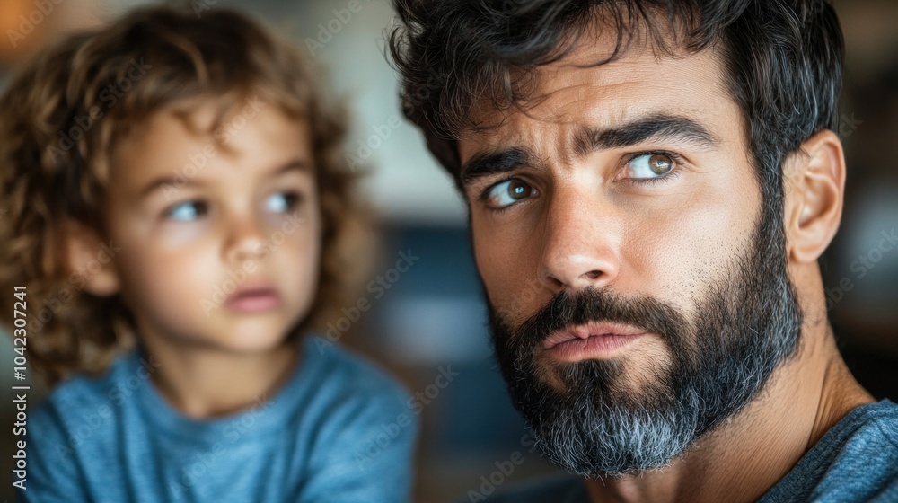 A father and his young son share a moment in a cozy indoor space. The child looks at his father with curiosity, who appears deep in thought while contemplating something important A father and his young son share a moment in a cozy indoor space. The child looks at his father with curiosity, who appears deep in thought while contemplating something important