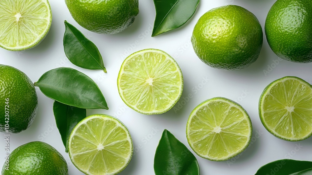 Fresh limes and their slices, artistically displayed on a white background, highlighting their vibrant green hue Fresh limes and their slices, artistically displayed on a white background, highlighting their vibrant green hue
