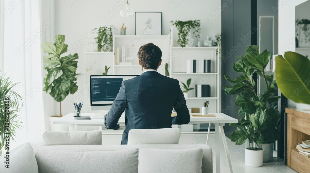 Fototapeta premium Professional man in a suit conducts a video conference in a modern minimalist home office setting