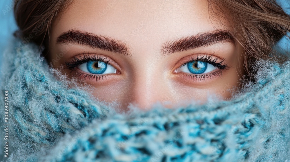 The young woman gazes intensely at the camera, her bright blue eyes captivating against the backdrop of a soft blue scarf during a chilly winter day The young woman gazes intensely at the camera, her bright blue eyes captivating against the backdrop of a soft blue scarf during a chilly winter day