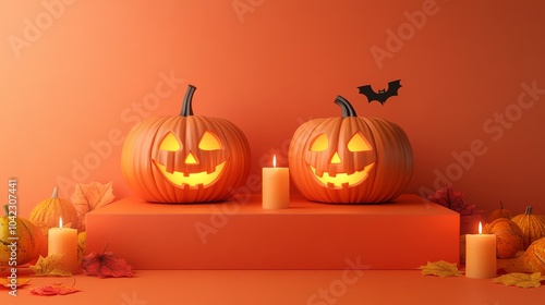 Halloween display podium for product showcase with 3D Jack O' Lantern pumpkins and candlelight, on an orange paper graphic background photo