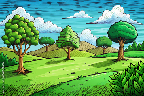 green landscape vector illustration with trees and grass, hand drawn sketch