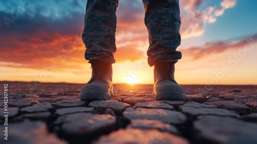 As the sun sets, a soldier in combat boots stands on cracked ground, embodying perseverance and hope, bathed in vibrant orange and purple hues