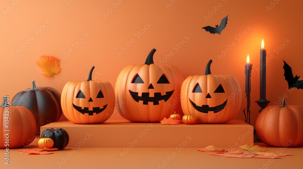 Halloween display podium for product showcase with 3D Jack O' Lantern pumpkins and candlelight, on an orange paper graphic background Halloween display podium for product showcase with 3D Jack O' Lantern pumpkins and candlelight, on an orange paper graphic background