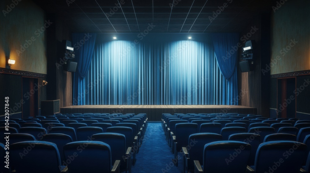 Fototapeta premium 3D scene visual with blue curtains highlighted by spotlight in empty theater