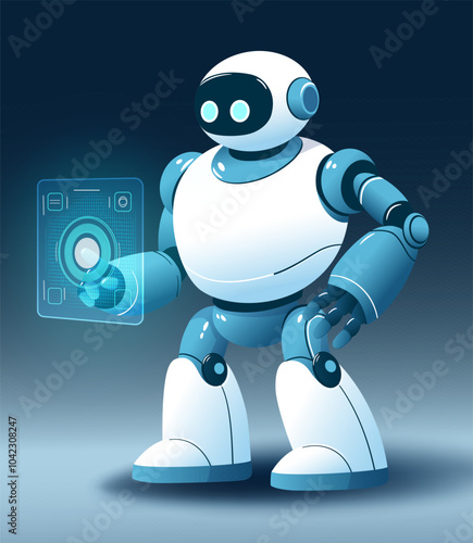 AI robot touches virtual user interface, vector.