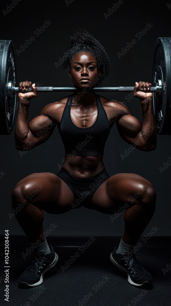 Strength and precision: female athlete in mid squat with barbell - fitness and power concept Strength and precision: female athlete in mid squat with barbell - fitness and power concept