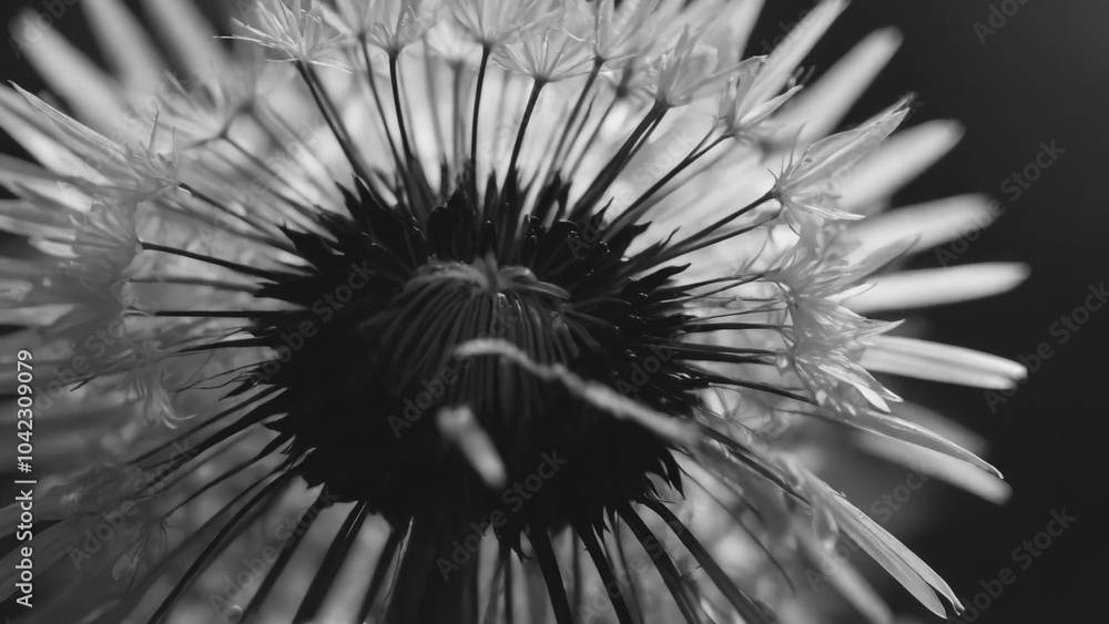 Obraz premium Captivating dandelion in monochrome showcasing delicate seed formations and nature's beauty