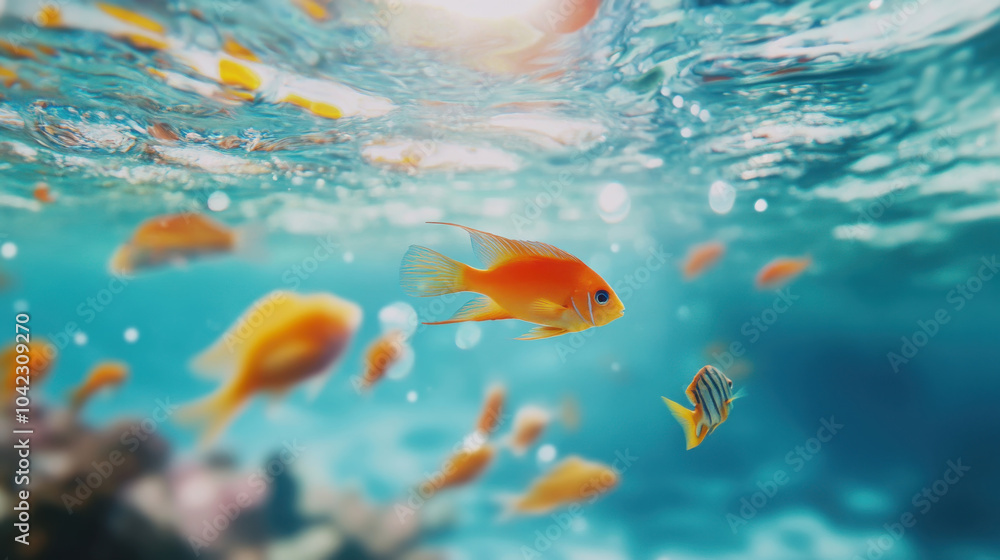 Naklejka premium Tropical fish in vibrant clear water for underwater abstract art and decor