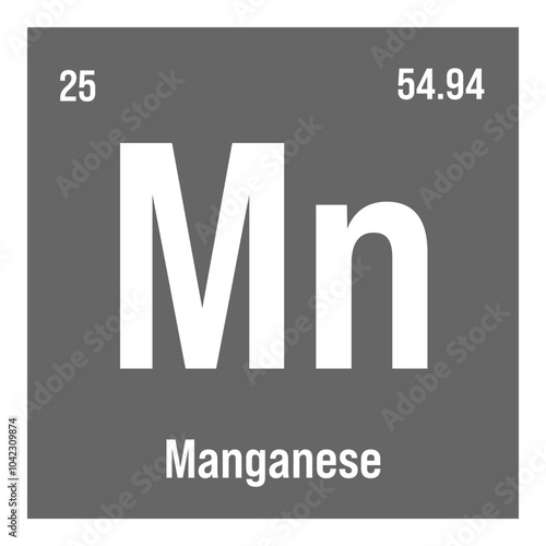 Manganese, Mn, periodic table element with name, symbol, atomic number and weight. Transition metal with various industrial uses, such as in steel production, batteries, and as a catalyst in certain