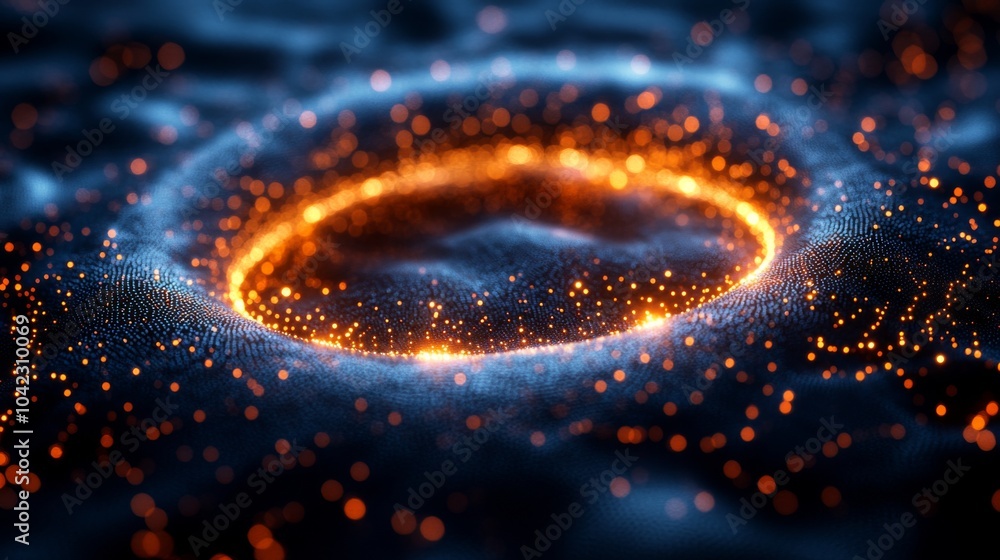 A vibrant circular formation of glowing particles is set against a dark backdrop, creating an ethereal effect in digital art. The scene captures a mesmerizing blend of light and texture. A vibrant circular formation of glowing particles is set against a dark backdrop, creating an ethereal effect in digital art. The scene captures a mesmerizing blend of light and texture.
