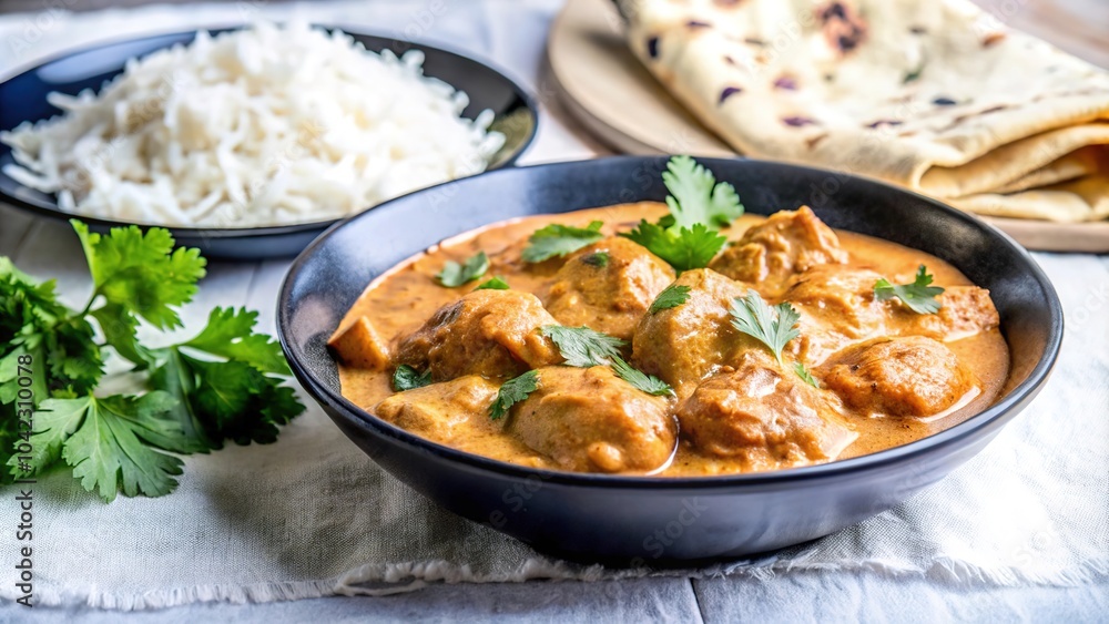 Delicious homemade chicken tikka masala served with basmati rice and naan bread for a satisfying dinner Delicious homemade chicken tikka masala served with basmati rice and naan bread for a satisfying dinner