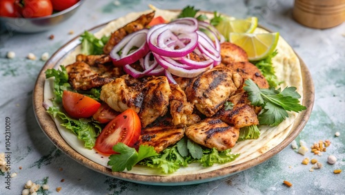 Delicious chicken shawarma served on a platter with fresh vegetables, spices, and garnishes at a lively outdoor market