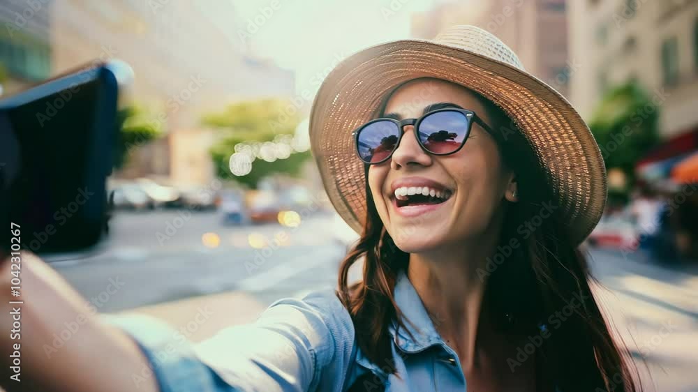 Smiling Tourist Young Woman Taking Selfie with Smartphone in Manhattan with skyscrapers, Times Square; New York City – Travel and Adventure Concept Smiling Tourist Young Woman Taking Selfie with Smartphone in Manhattan with skyscrapers, Times Square; New York City – Travel and Adventure Concept