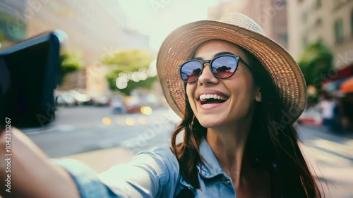 Smiling Tourist Young Woman Taking Selfie with Smartphone in Manhattan with skyscrapers, Times Square; New York City – Travel and Adventure Concept