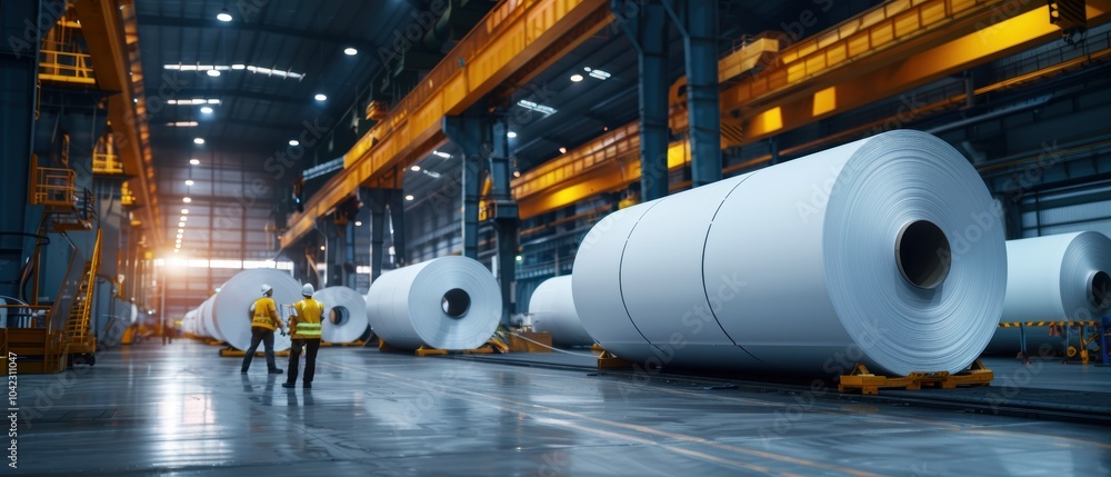 Naklejka premium Workers in Paper Mill Operating Machinery