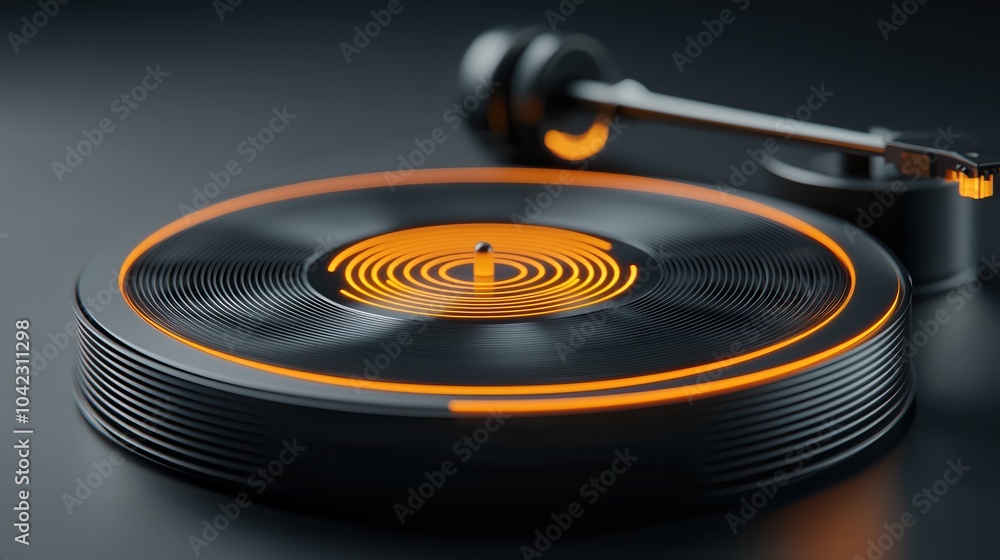 Stylish vinyl record player with orange accents on a dark surface. Stylish vinyl record player with orange accents on a dark surface.