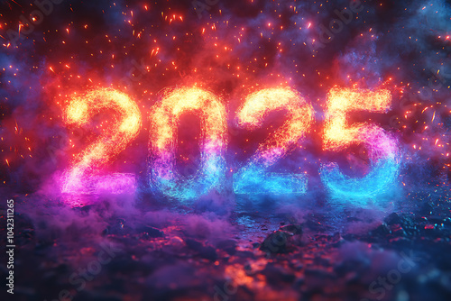 Neon lights display the numbers 2025 in vibrant colors, reflecting off a polished floor in a modern setting, creating a festive atmosphere for New Year's celebrations