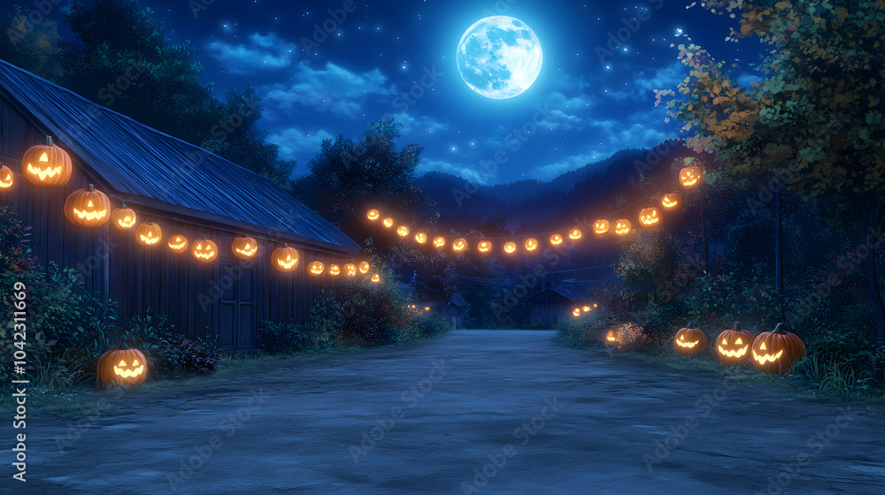 Obraz premium A Whimsical and Enchanting Anime Halloween Night Filled with Cute Spirits and Magical Decorations