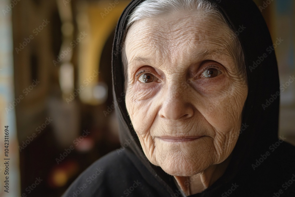A contemplative shot of an elderly nun with gray hair and brown eyes in a peaceful monastery 2 A contemplative shot of an elderly nun with gray hair and brown eyes in a peaceful monastery 2