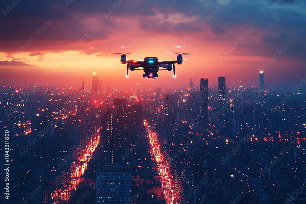 Aerial view of a drone soaring above a vibrant city skyline at sunset with colorful sky and illuminated streets below Aerial view of a drone soaring above a vibrant city skyline at sunset with colorful sky and illuminated streets below