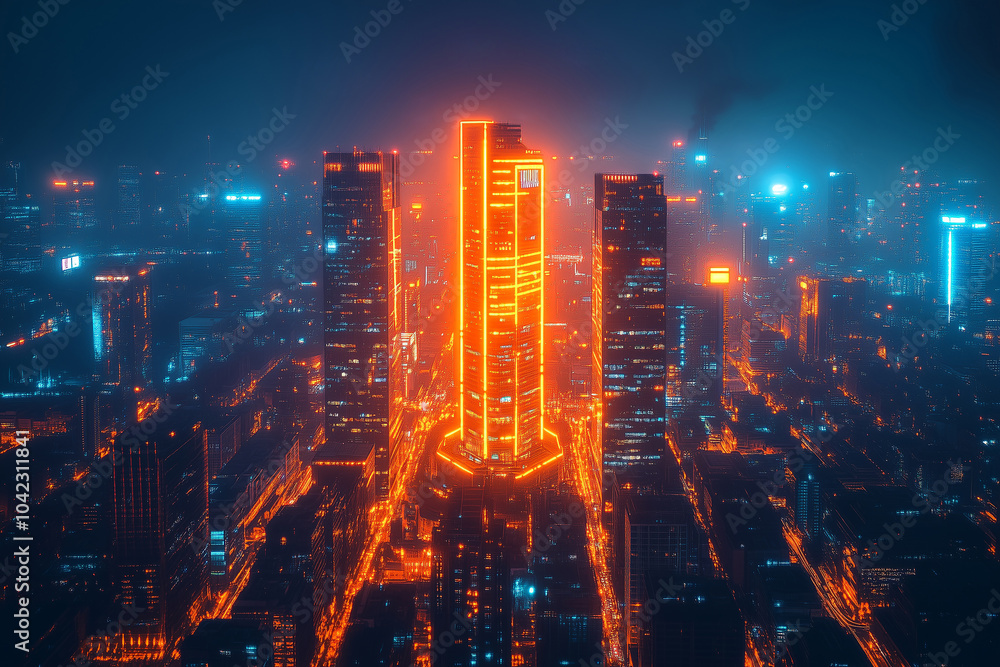 Aerial view of a vibrant city skyline illuminated by neon lights at night showcasing modern skyscrapers and bustling activity Aerial view of a vibrant city skyline illuminated by neon lights at night showcasing modern skyscrapers and bustling activity