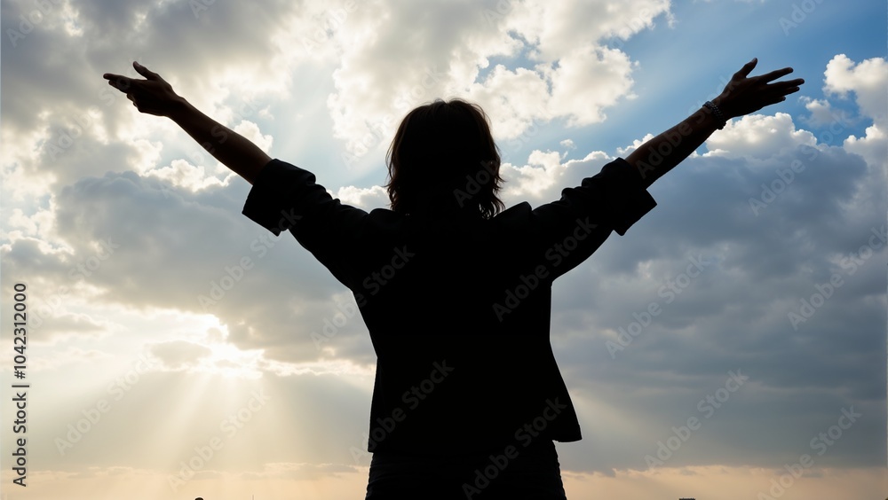 Silhouette of a happy woman with outstretched arms, enjoying sunset outdoors against a dramatic sky Silhouette of a happy woman with outstretched arms, enjoying sunset outdoors against a dramatic sky